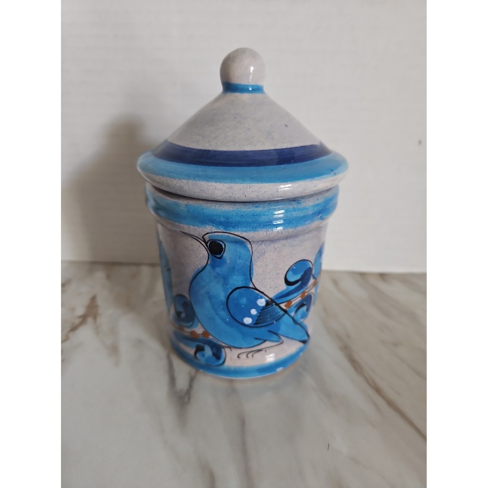 Tonala Mexico Pottery Lidded  Canister Jar Bird Butterfly Signed Blue